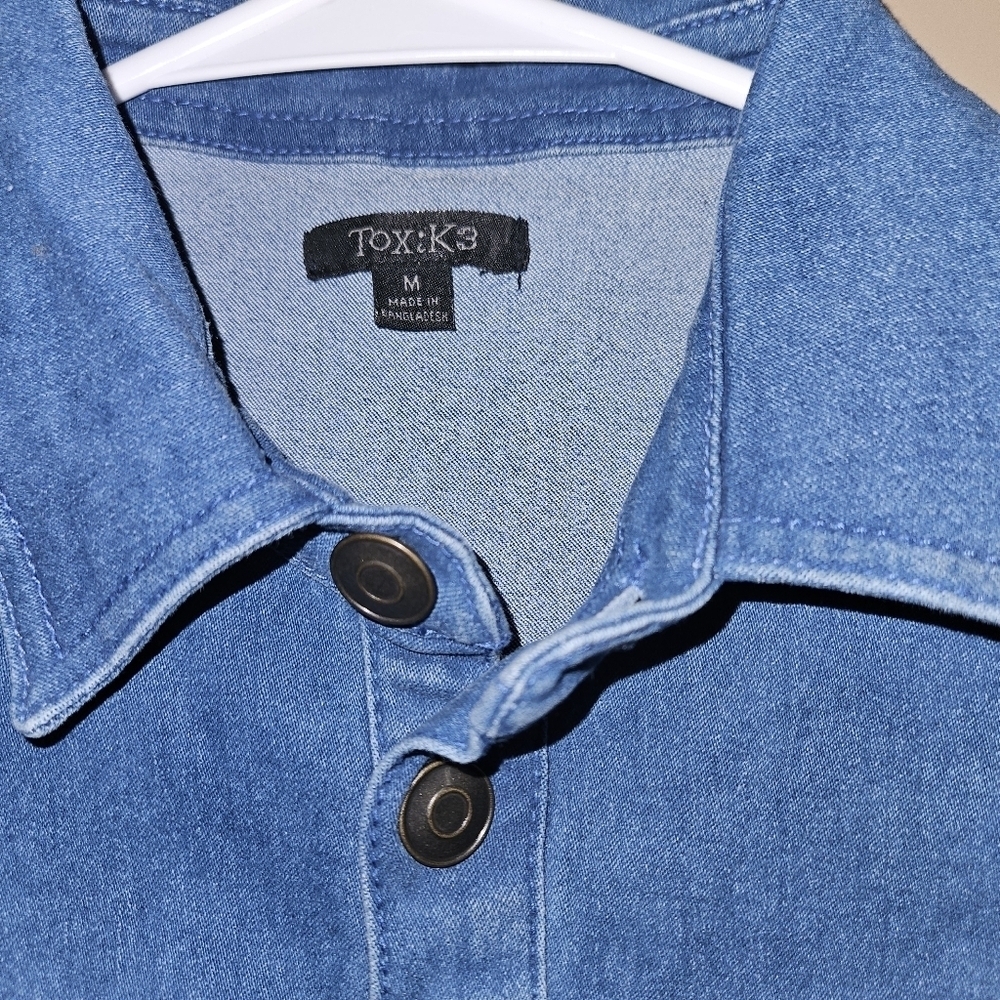 70's style stretchy denim Button Front Romper. Size Medium. - Picture 3 of 6